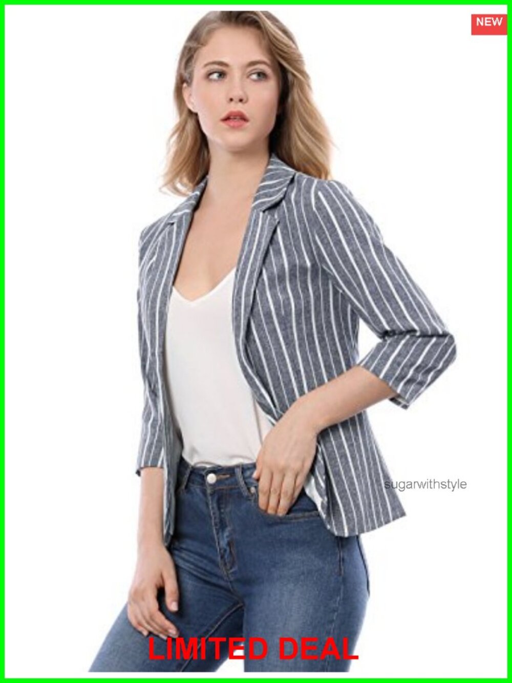 Allegra K Women's Striped Open Front 3/4 Sleeve Blazer
